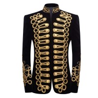 Men's Stylish Court Prince Black Velvet Gold Embroidery Blazer Suit Jacket
