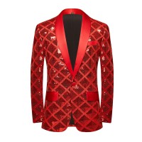 The Velvet Red Sequin Shiny Stereoscopic Pattern Prom Slim Fit Blazer Suit Jacket